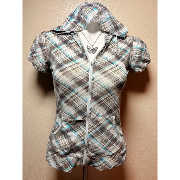 Chances R Tops - ❌❌❌SOLD❌❌❌Y2K Chances R Plaid Short Sleeve Zip Up Hoodie Puff Sleeve Small #7